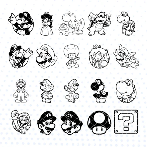 Archivos de corte Mario Bros stickers gratis, Plantillas de corte Mario Bros stickers gratuitas, Figuras de corte Mario Bros para stickers gratis, Free Mario Bros sticker clipart, Free Mario Bros sticker cut files, Mario, Luigi, Princesa Peach, Bowser, Goomba, Koopa Troopa, Estrella de poder, Champiñón, SVG, DXF, PNG, STUDIO